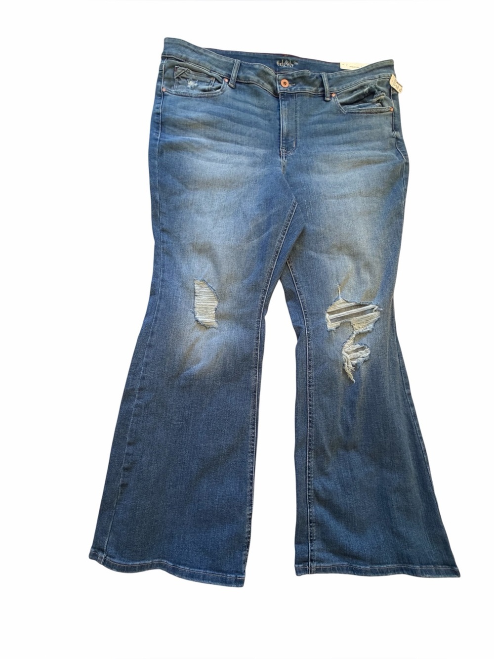 edgely Distressed Flare Jeans in Denim Blue-High Waist-Size 24W Short Inseam-NWT